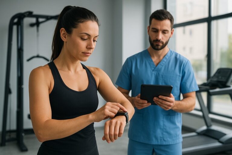 Kobieta sprawdzająca dane treningowe na smartwatchu podczas ćwiczeń, a w tle fizjoterapeuta analizujący wyniki na tablecie w nowoczesnej sali treningowej.