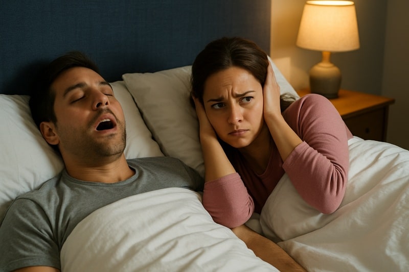 Kobieta leżąca w łóżku zasłania uszy dłońmi, patrząc z frustracją na śpiącego mężczyznę chrapiącego obok niej.