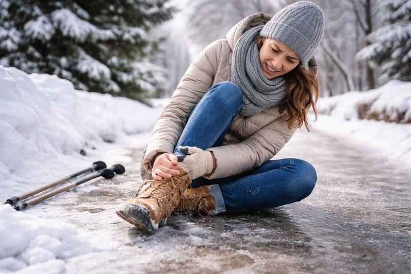 zimowe warunki na chodniku zwiększające ryzyko kontuzji i poślizgnięcia