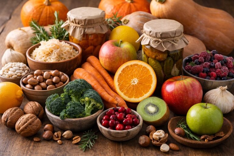 Naturalne źródła witamin jesienią i zimą – warzywa, owoce, kiszonki i orzechy ułożone na drewnianym stole