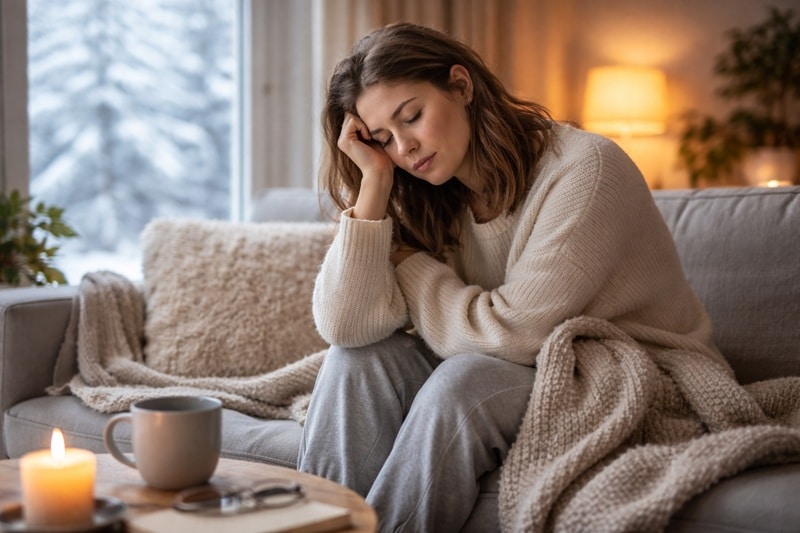 Młoda kobieta siedząca przy oknie w zimowy dzień, owinięta kocem, z kubkiem ciepłego napoju, w spokojnej domowej atmosferze sprzyjającej wyciszeniu