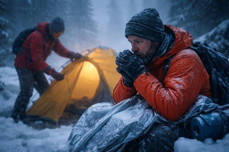 Ryzyko hipotermii przy aktywności fizycznej podczas zimowego biwaku w lesie – wychłodzony turysta przy namiocie